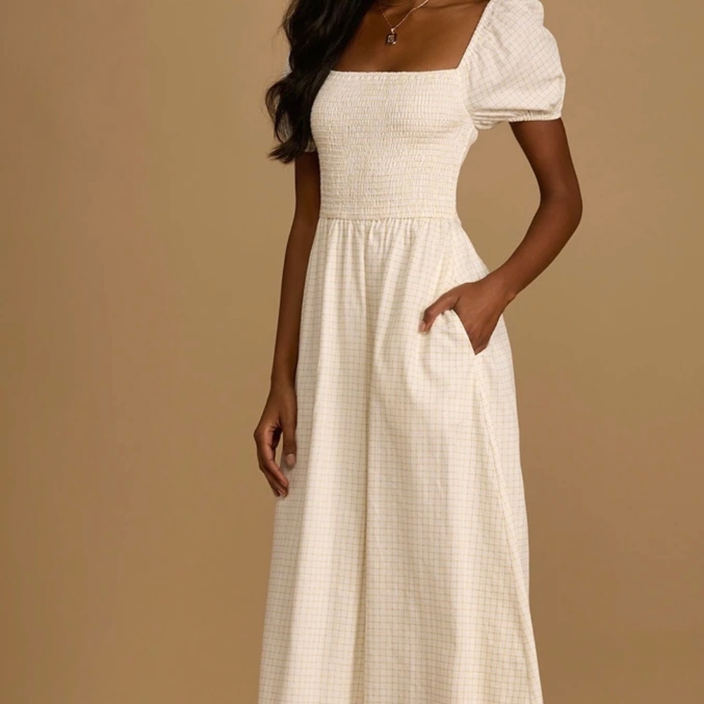 Ivory Plaid Smocked Puff Sleeve Midi Dress